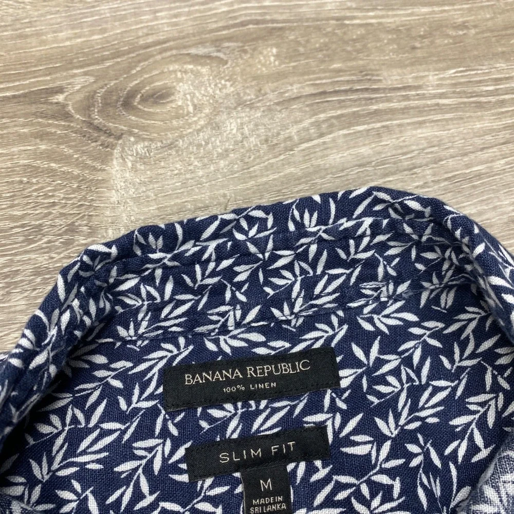 Banana Republic Button Down Mens M Blue Linen Leaf Print Slim Fit Casual Shirt